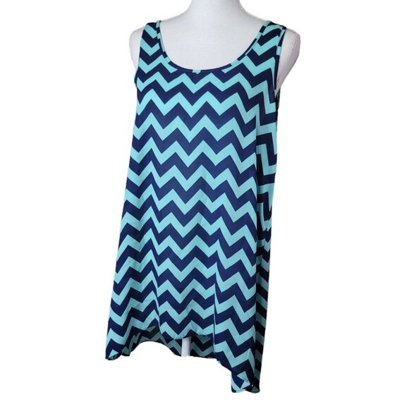 Pink Republic Chevron Sheer Dress Blue Teal Womens Large Sleeveless Ligtweight - Picture 9 of 10